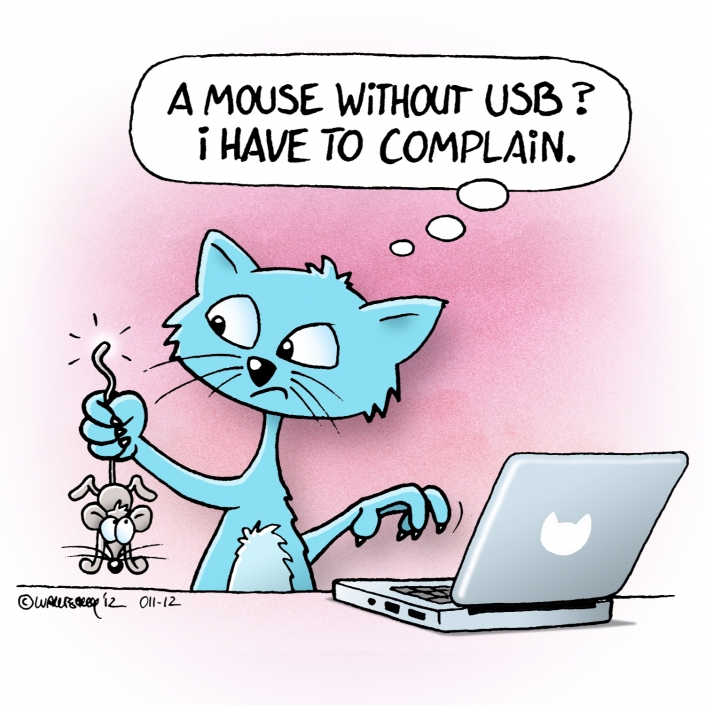 Cartoon Katze mit Maus am Laptop