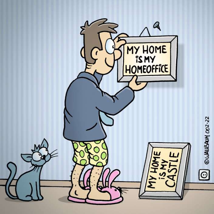 Cartoon über einen Mann der ein Bild im Homeoffice aufhängt