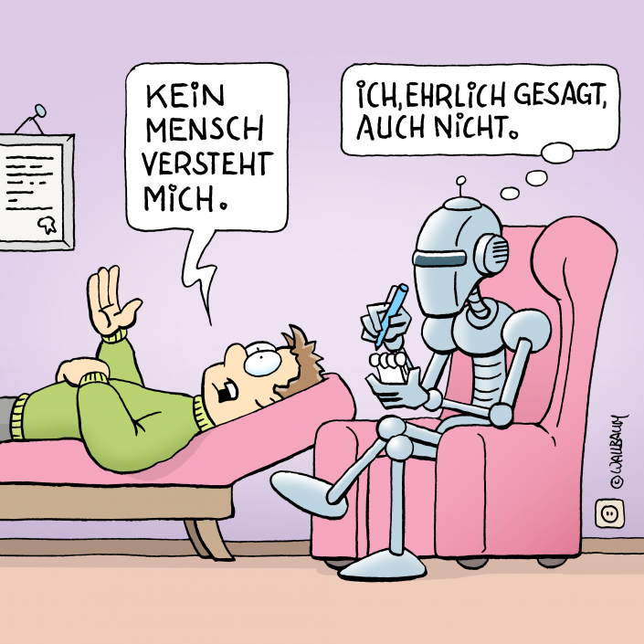 KI-Psychologe | 012-25 Cartoon über KI-Roboter als Psychiater
