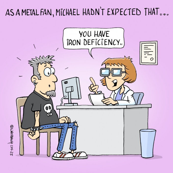 Iron deficiency | 014-25 Cartoon about a heavy metal fan who learns from his doctor that he has iron deficiency in english language.