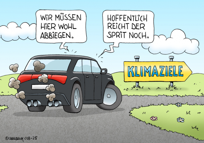 Odyssee zu den Klimazielen | 018-25 Cartoon über die Probleme, Schwierigkeiten und Paradoxien die Klimaziele zu erreichen.