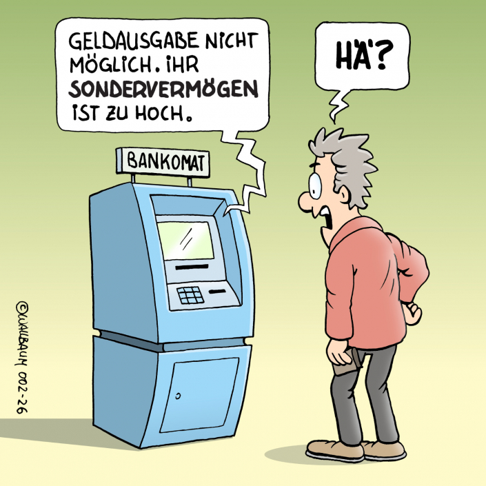 Cartoon über einen Kunden am Bankautomat beim Versuch Geld abzuheben.