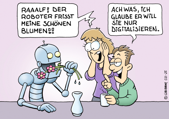 Cartoon über irrationalen Roboter, der Blumen frisst.