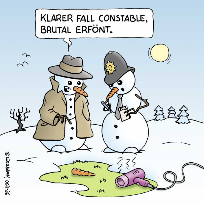 Cartoon über einen ermordeten Schneemann im Stil eines englischen Krimis